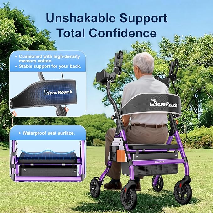 Heavy Duty Upright Rollator Walker for Seniors, 450lb Capacity, 6 Height Adjustments, 8" All-Terrain Wheels, Padded Seat & Backrest, Easy Assembly, Foldable Design (Black)