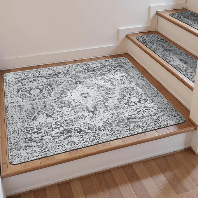 Stair Treads Non-Slip Landing Rug 31"x31" Matching Mat for Wooden Steps | Square Capet Stair Treads Rubber Backing Stair Runner Anti-Slip Stair Landing Mat