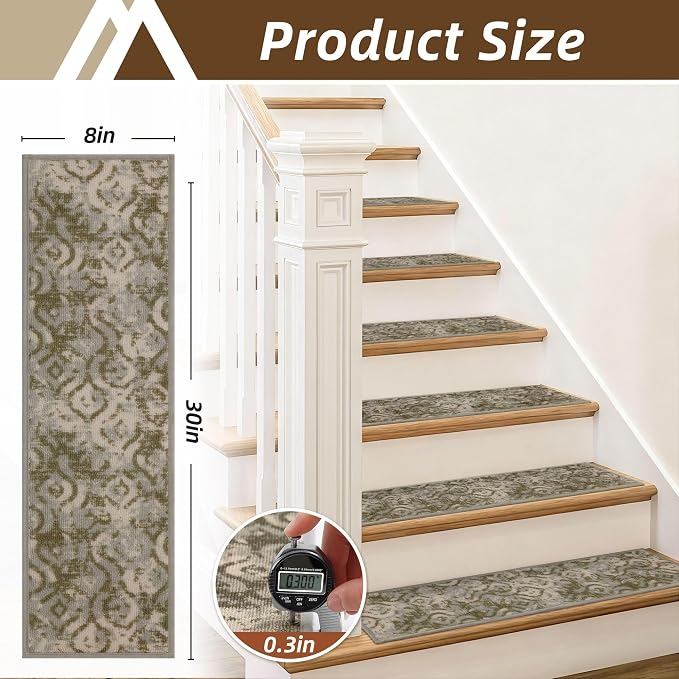 COSY HOMEER Stair Treads for Wooden Steps Indoor with TPE Backing,4Pcs | Non-Slip Carpet Stair Treads, Soft Peel and Stick Stair Runners,Pet-Friendly Stair Runner Washable Reusable,Willow