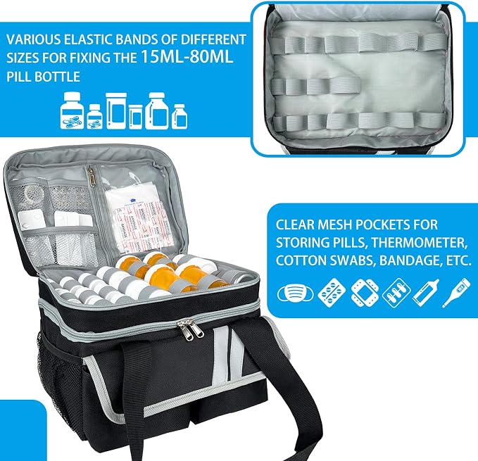 Double Layers Medicine Organizer Storage Bag with Dividers | Pill Bottle Organizer Bag | First Aid Bag | Medication Organizer Bag | Medical Bag for Medical Supplies & Equipment