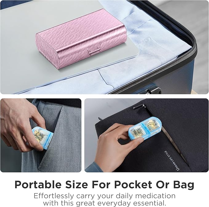 Zannaki Metal XL Weekly Pill Organizer 2 Times a Day, Large Travel Daily Pill Box 7 Day, Portable Week Twice Pill Holder Container, AM PM Pill Case for Medicine Vitamin Medication Supplement, Pink
