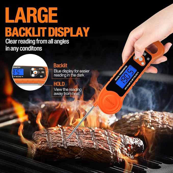 AMMZO Digital Meat Thermometer for Grilling, Candy Thermometer Instant Read Food Thermometer Waterproof with Backlight for Cooking, Deep Fry, BBQ, Grill, Smoker and Roast (Orange)