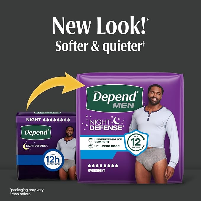 Depend Night Defense Adult Diapers, Incontinence Underwear for Men, Disposable, Overnight, Extra-Large, Grey, 20 Count, Packaging May Vary (Pack of 2)