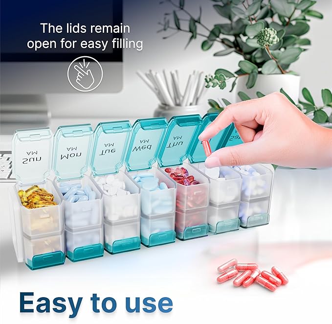 Extra Large Pill Organizer 2 Times a Day – XL Pill Box 7 Day with Big AM/PM Compartments – Fits Large Vitamins, Supplements & Gummies, for 7 or 14-Day Use, Color-Coded, Senior-Friendly, No Spills
