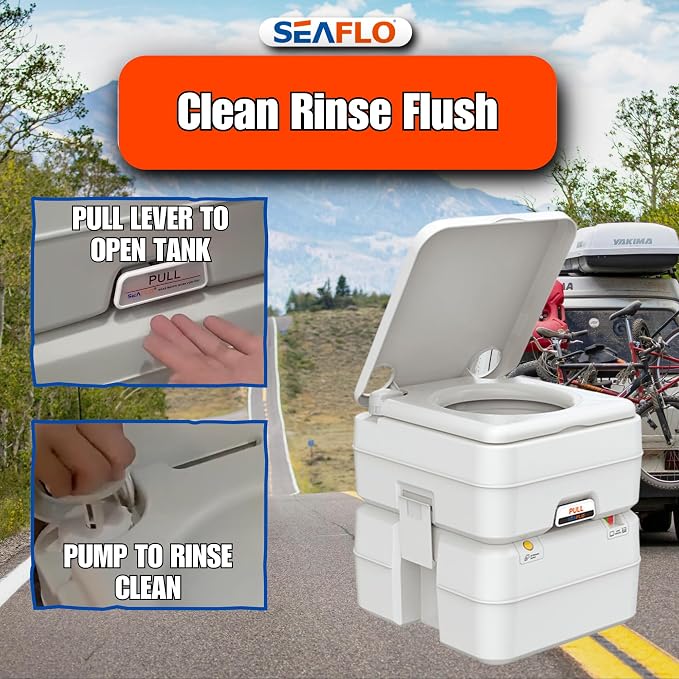 SEAFLO Premium Camping Portable Toilet - 5.8 Gallon Waste 3.43 Gall Fresh Tank (100 Flushes), 440 lbs Max Weight, Level Indicator, Sealed Waste Tank for RV, Boat, Elderly, Off-Grid, 4-Year Warranty