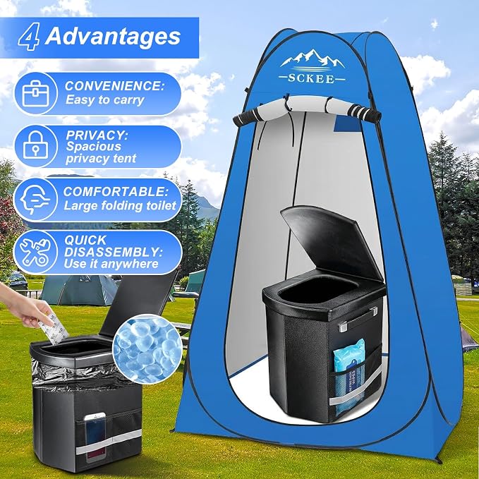 16.5'' Camping Toilet with Pop-Up Privacy Tent Set, XL Portable Toilet for Camping, Outdoor Showers Changing Rooms, Portable Bathroom Travel Potty for Camping, Hiking, Roadtrip,RV Travel