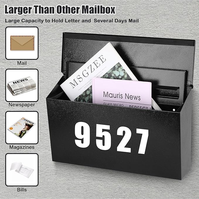 KYODOLED Locking Wall Mount Mailboxes for Outside, Large Capacity Mail Box for House with Key Lock, Security Drop Box, Metal Post Box for Home, Office Decorative,15.7 * 9.9 * 4.9in