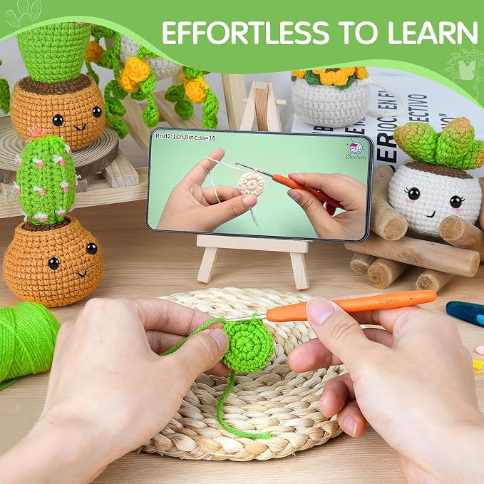 Crochetta Crochet Kit for Beginners, Crochet Starter Kits for Adults, Amigurumi Craft Knitting Crocheting Kits with Step-by-Step Video Tutorials, 6 Pc Hanging Potted Plants Family(40%+ Yarn