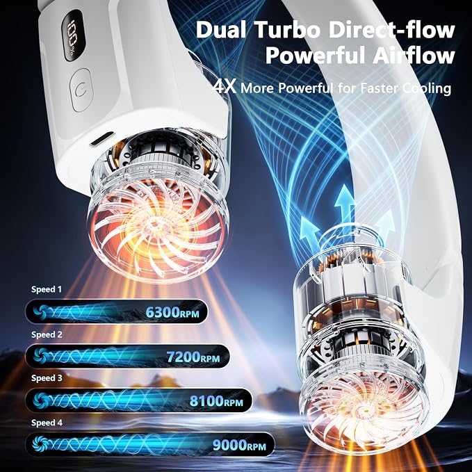 Mavax ChillGo Portable Neck Fan - 8000mAh Personal Wearable Fan, 9000 RPM Direct-flow 4X Powerful 360° Airflow Cooling Fan, Max 16H, 4 Speeds, LED Display, Great Gifts for Men Women - 5th Gen White