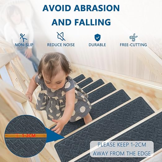 Stair Treads for Wooden Steps Indoor, 15 Pack 8" X 30" Non Slip Carpet Stair Treads with Reusable Adhesive for Elders and Dogs, Surface Polyester TPR Backing Stair Rugs