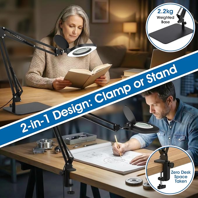 LIONVISON Magnifying Glass with Light and Stand: 27 Inch Extra Long Arm | 10X Magnifying Lamp - Stepless Dimmable & Color Temperature LED Lighted Magnifier Clamp Magnifier for Reading Close Work