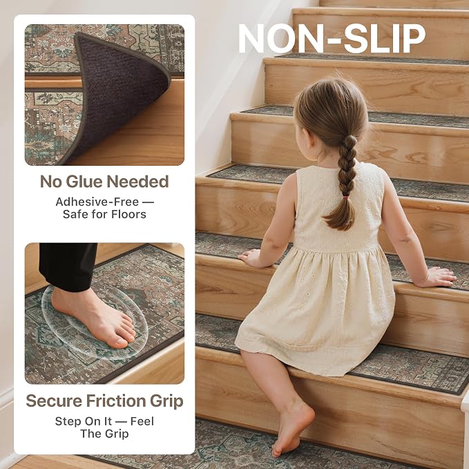 sarben 8"x30" Non Slip Stair Treads for Wooden Steps 15 Pack, Rosewood | Peel and Stick Carpet Stair Runner with TPE Adhesive Backing, Carpet for Added Safety, Pet and Senior Friendly