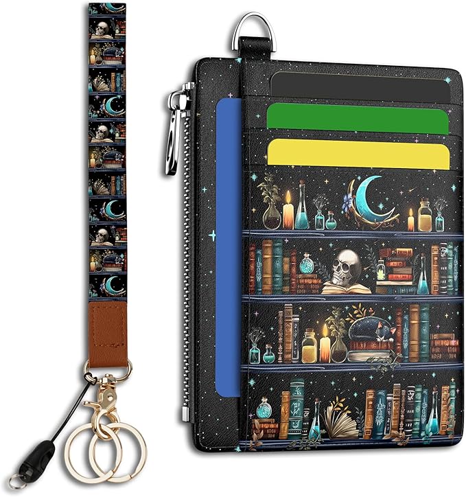 Hancynir Goth Book Skull Slim Wallet Women Credit Card Holder Wristlet RFID | Gothic Keychain Lanyard Wallet, Travel Zipper Coin Pocket, Ladies Gifts Women, Minimalist Card Case, 6 Card Slot, PU Leather
