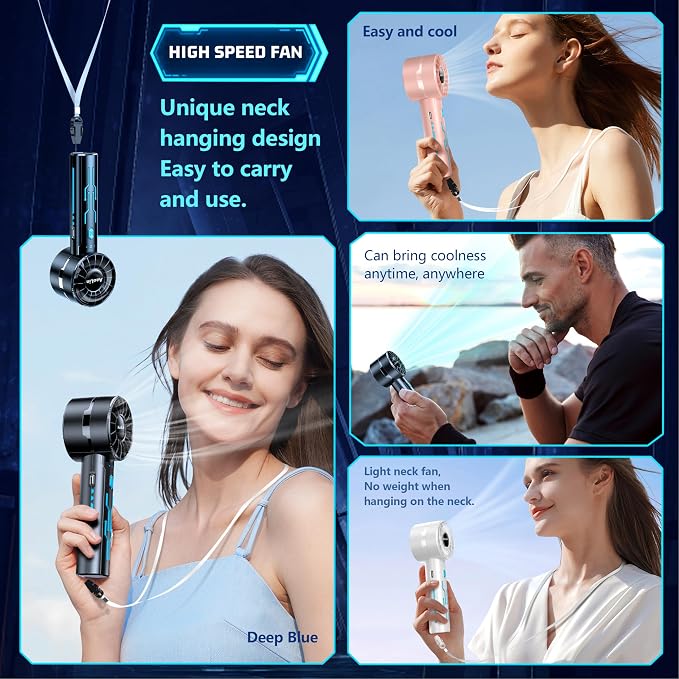 AaoLin 2pcs Portable Handheld Turbo Fan with 7000rpm High-Speed Motor USB Rechargeable Cooling Personal Fan 4-Speed, 4-16H Runtime, with Lanyard for Outdoor Travel, Women, Kids, Summer Gift
