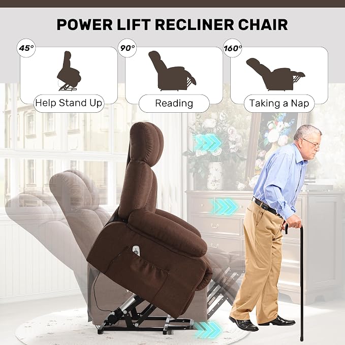 Oversized Power Lift Recliner Chair for Elderly, Big and Tall Lift Chair with Massage and Heat for Living Room, Fabric Electric Recliner Chairs with Side Pocket, USB Charge Port Brown