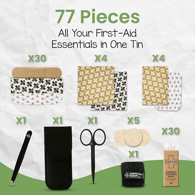 Patch Eco First Aid Kit, Assorted Hypoallergenic Adhesive Sizes Large and Small Bandages for Sensitive Skin, Essential Medical Supplies in a Reusable Tin, Latex Free, Sensitive Skin Bandages, 77 ct | Reusable, Assorted Adhesive Bandages, Wound Spray fo...
