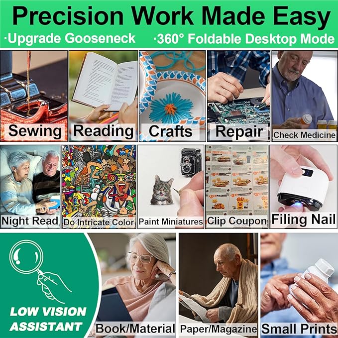 Hands-Free Magnifying Glass with Light, Rechargeable for Seniors | Large 4.6"×6.5" antiglare lens, 40 LEDs, 3 colors. Detachable neck, stand, handheld. For reading, craft, cross stitch, sewing