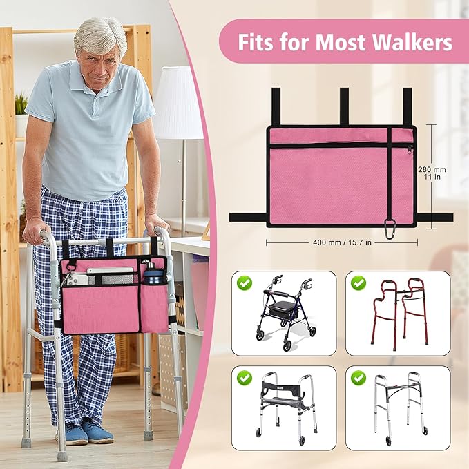 supregear Accessories Bag for Walker, Wheelchair, Rollator - Walker Basket Bag w/Cup Holder - Seniors Caddy Attachment Pouch for Walkers, Water Resistant Large Capacity Carry Storage Carrier Tote