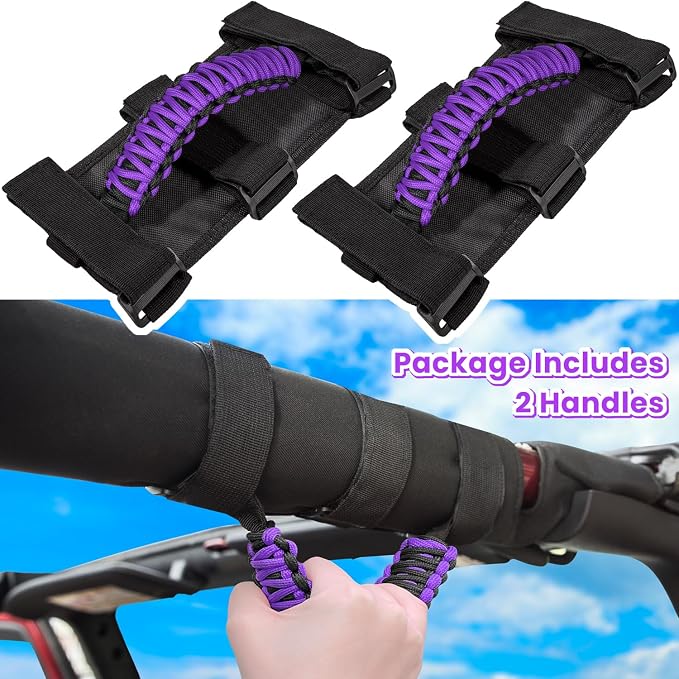 Roll Bar Grab Handles Grip Handle for Jeep Wrangler JK JKU JL JLU TJ YJ Sports Sahara Freedom Rubicon Unlimited Gladiator JT 1955-2023 UTV ATV Accessories Premium 550 Paracord (Purple 2 Pack)