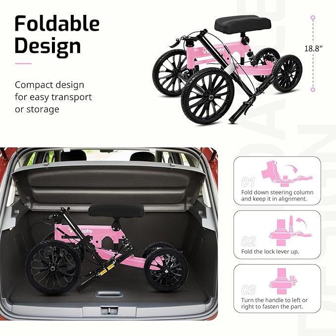 All Terrain Knee Scooter with Disc Brakes, Steerable Knee Walker for Adults for Foot Surgery, Broken Ankle- Foldable Rover Scooter for Broken Foot Injured Leg Crutch (Pink)