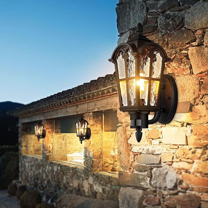 2-Pack 16” Large Motion Sensor Outdoor Wall Lights, Black | Auto ON/OFF, 3 Lighting Modes, Waterproof, Rust-Resistant, Durable Metal & Water Ripple Glass, Vintage Style, Easy to Install