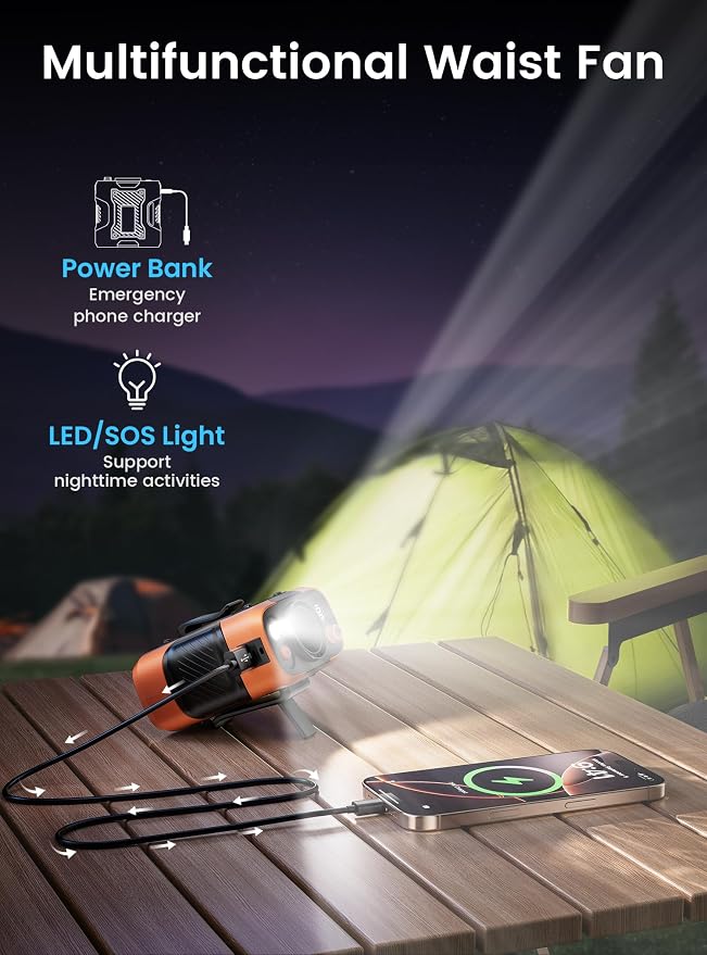 Koonie Waist Clip-on Shirt Fan, 100 Levels of Speeds, 24H Use Time, Orange | Cool Clip Fan Under Shirt Fan, Rechargeable Battery, Wearable Belt Personal Device for Outdoor Work, Camping, Travel