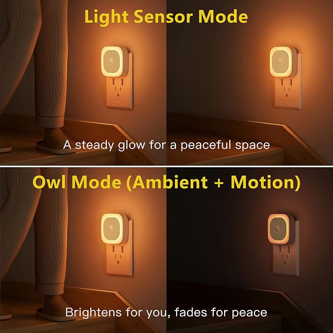 2 Pack Night Lights Plug into Wall, Motion Sensor Nightlight, Amber | 3 Modes, Dimmable Reflected Glow, Dusk to Dawn Sensor, Plug in LED Lights for Kids, Bedroom, Sleep, Bathroom, Nursery, Kids