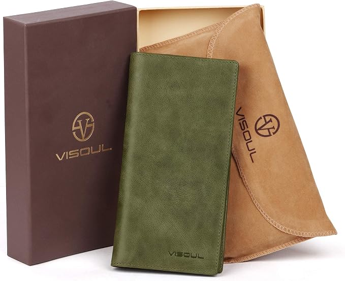 VISOUL Leather Checkbook Cover Wallet for Men with RFID Blocking, Mens Long Bifold Cash Tall Wallet with 11 Credit Card Slots 1 ID Window (Olive Green)
