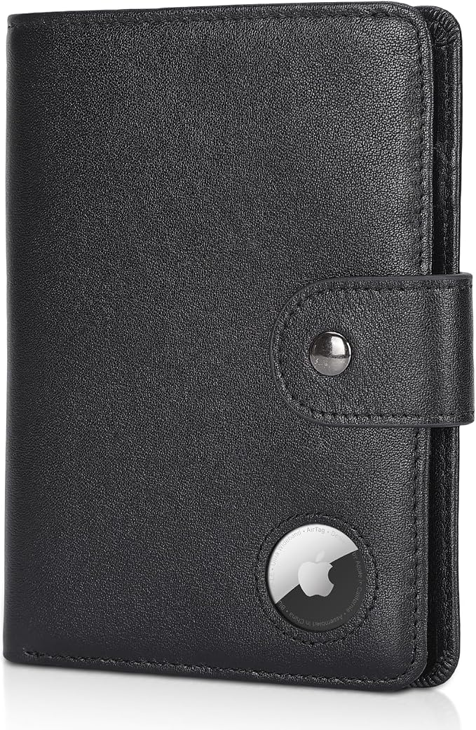 Polare Luxury RFID Blocking Leather Passport Holder Travel Wallet For Men and Women (Black with AirTag Slot(Snap Version))
