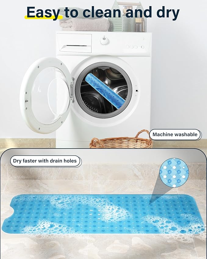 Non Slip Bathtub Mat for Tub & Shower, Machine Washable 40"x16" Anti Slip Bath Mat with 2 Hooks, Soft & Comfortable and Extra Largefor Families, Clear Blue