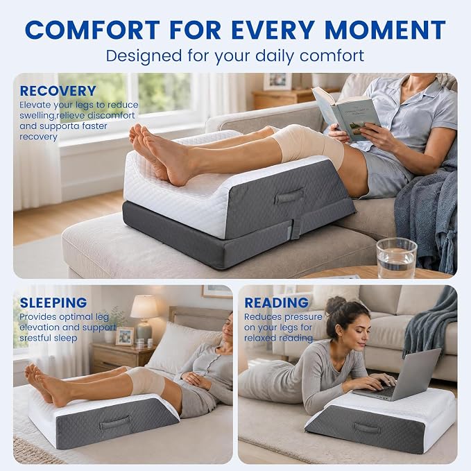 Cooling Leg Elevation Pillow, 3-Height Adjustable Leg Rest Support | Cooling fabric wedge pillow for both legs, knees & ankles, with memory foam comfort for post-surgery rest and swelling relief