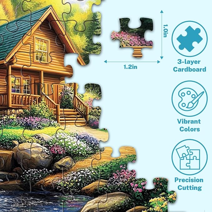 500 Piece Puzzle for Adults – Cozy Cabin Jigsaw Puzzles 500 Pieces, Forest Cottage Landscape with Waterfall & Flowers, Relaxing Adult Puzzles, 20.5 x 15 in