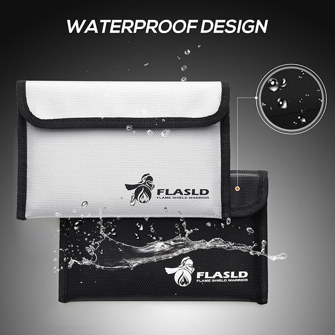 FLASLD Fireproof Money Bags, Fireproof Wallet Pouch, Small Safe Bag for Cash, Valuables & Passport, with Silicone Coating & Zipper Closure (2-Pack Money Bag-8x5”)