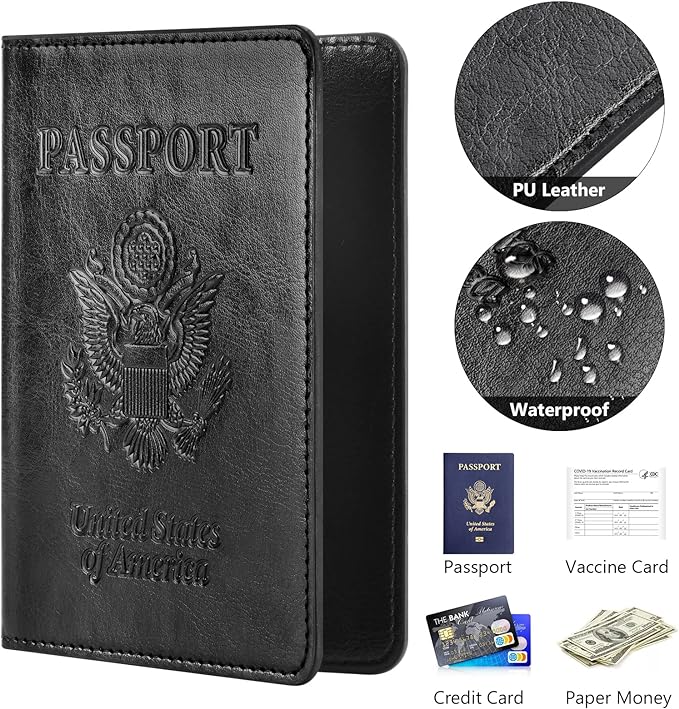 Eoehro Passport and Vaccine Card Holder Combo, Faux Leather, Compact, Lightweight, Waterproof, AA-Black
