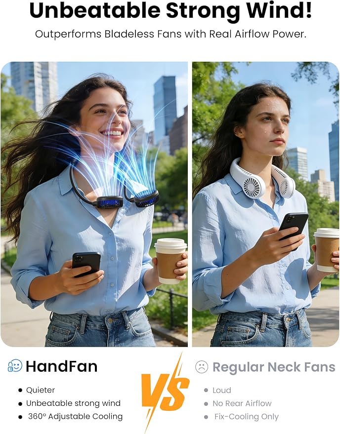 HandFan 10000mAh Neck Fan, 360° Rotation Hands Free Portable Fans for your Neck, 48h Lasting Rechargeable Battery Operated Wearable Necklace Personal Cool Fans for Travel/Disney/Sports/Cycling/Hiking