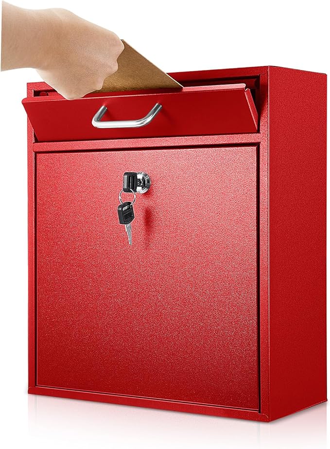 Yaocom Locking Mailbox with Key for Outdoor 12 x 10.5 x 4.7 Inches Large Wall Mount Mail Box with Lock Security Mail Drop Metal Collection Boxes Hanging Secure Postbox(Red)