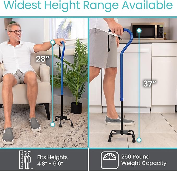 Vive Quad Cane - Walking Stick for Men and Women - Lightweight Adjustable Staff - Comfortable Right and Left Hand Grip for Stability Support - Four Prong Sturdy Aluminum Travel Aid - 4 Tip Dark Blue