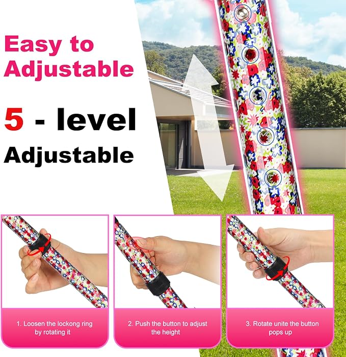 MFE Folding Cane, Portable 5-Level Adjustable Height Walking Stick with Foldable Design, Wrist Strap, and T Handle for Men and Women