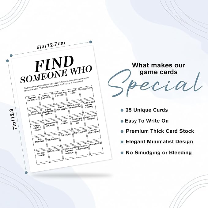 Find Someone Who Bingo Cards, 25 Unique Randomized 5x7 Sheets, Get to Know You Bingo Game for Adults, Ice Breaker Office Party Games, Team Building Games for Work, High Replay Value - A04