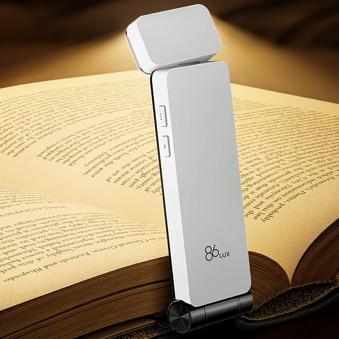 86lux Book Light, Rechargeable Clip-On LED Reading Light for Bed & Night Use - 3 Color Temperatures with Stepless Dimming, Ultralight Bookmark Design for Kids, Book Lovers, White