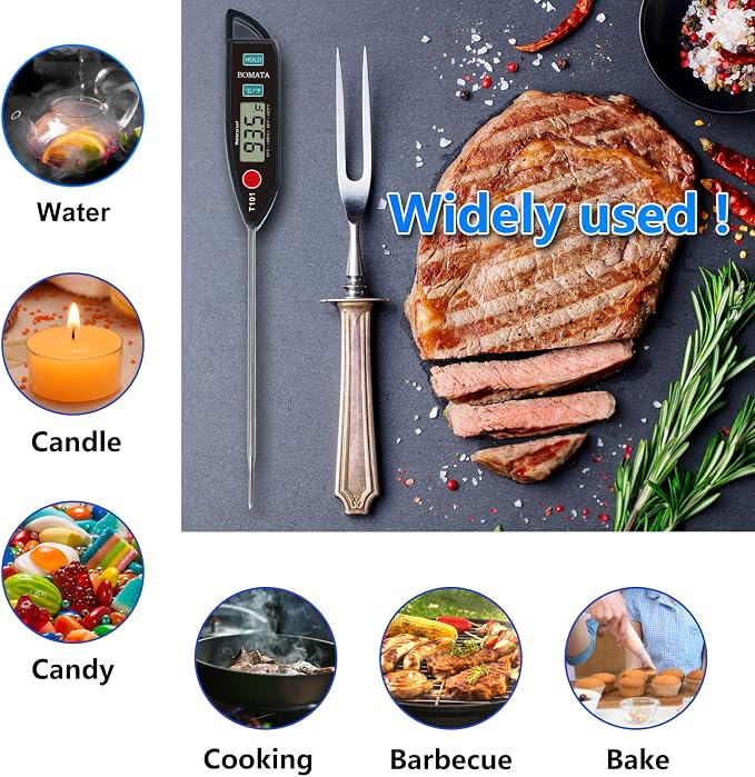 BOMATA Digital Water Thermometer for Liquid, Meat, Cooking, IPX7 Waterproof | Instant Read Food Thermometer, 5in Long Probe for Candle, Water, Meat, BBQ! T101 (Black Color)…