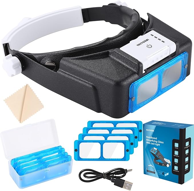 YOCTOSUN Magnifying Glasses with Light for Close Work, Rechargeable Headband Magnifier with 4 Lenses 1.5X-3.5X, Hands Free Head Magnifying Visor for Hobby, Jewelers, Reading, Crafts
