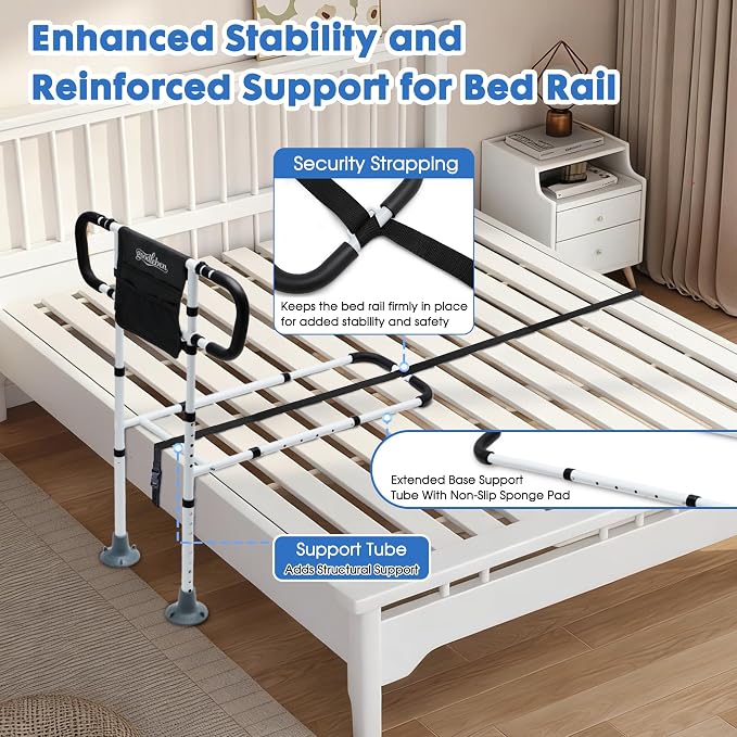 Bed Rails for Elderly Adults Safety, Bed Assist Rails for Seniors with Non-Slip Ergonomic Handle, Floor Support & Storage Pocket, Adjustable Bed Rail Fits Twin, Full, Queen & King Beds