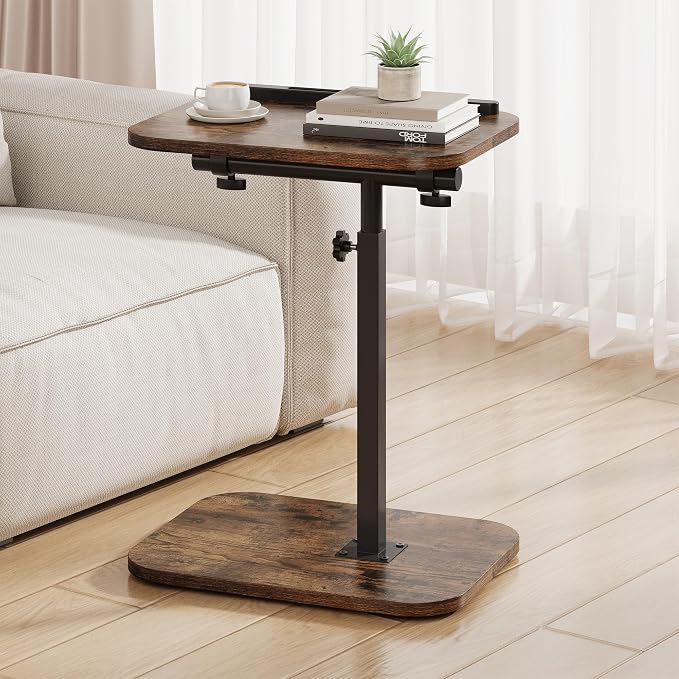 TV Tray Table, Sofa Side Armrest Tray, C Shaped End Table | Adjustable Height, Flip-Top, Snack Side Table with 360° Swivel and 180° Tilt, for Couch, Small Spaces, Bed, Chair, Brown