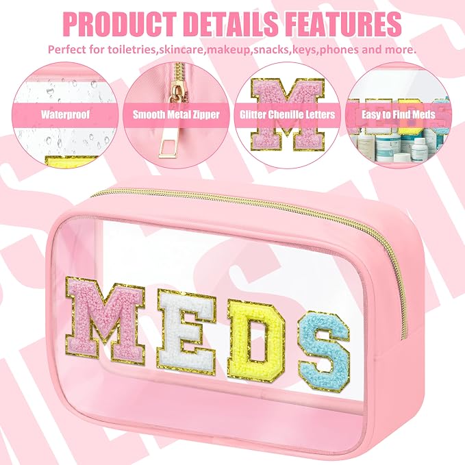 BuyCard Clear Meds Chenille Letter Nylon Makeup Bag - Portable Preppy Patch Cosmetic Toiletry Travel Storage Medicine Bag With Zipper for Women Girls Pink