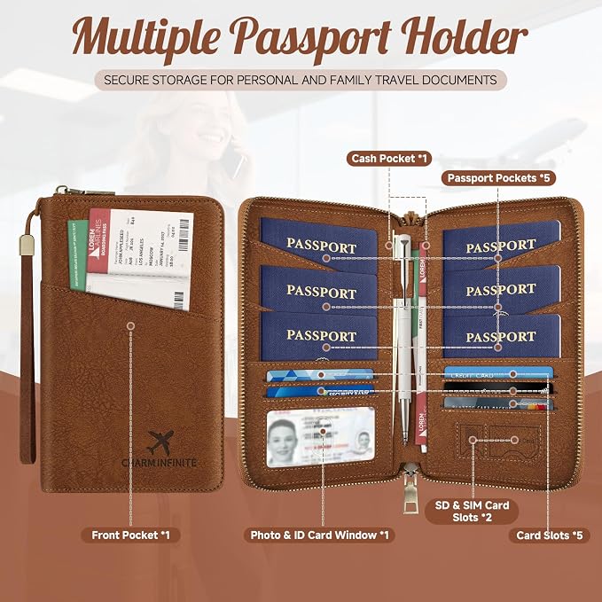 Likesing Family Passport Holder for 4, RFID Multiple Passport Holder-Black | Leather RFID Blocking Travel Passport Wallet with Zipper, Travel Document Organizer with Wrist Strap Card Slots for Women Men