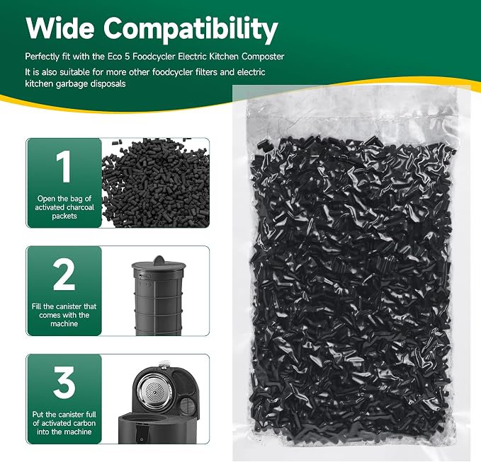 3 Packs 210g Odor Absorbing Activated Carbon Filter Refills for Lomi Smart Waste Kitchen Composter & Eco 5 & Vitamix FC-50-SP Electric Composter, Activated Charcoal Pellets