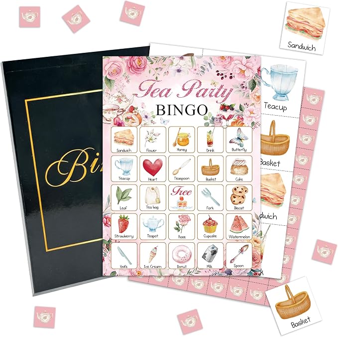 Tea Party Bingo Game Cards, Pink Floral Bingo Set for Adults Large Group, Garden Tea Themed Fun Games, Bridal Shower Bachelorette Party Activities, Icebreaker Games for Family Friends -22
