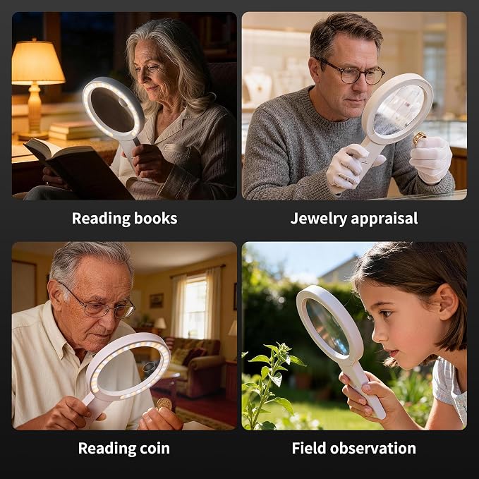 JARLINK Magnifying Glass with Light and Stand, 5.5-Inch Large Magnifier | 5.5-Inch Large Lens with 34 LED and Adjustable Brightness. Handheld and Stand Magnifier for Seniors Reading and Inspection
