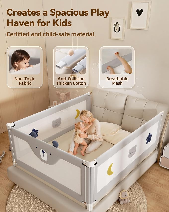 3 Piece Bed Rails for King Size Bed, No-Drill Needed Baby Bed Rail Guard | Thickened Child Safety Side Railing Guards, Height Adjustable Bedrail for Kids, 3-Side for King Bed 74.8”x78.7”x78.7”